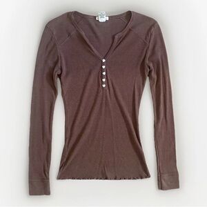 Y2K Chocolate Brown Long Sleeve Henley Heart Buttons Bella Bellacore Elena Sz M